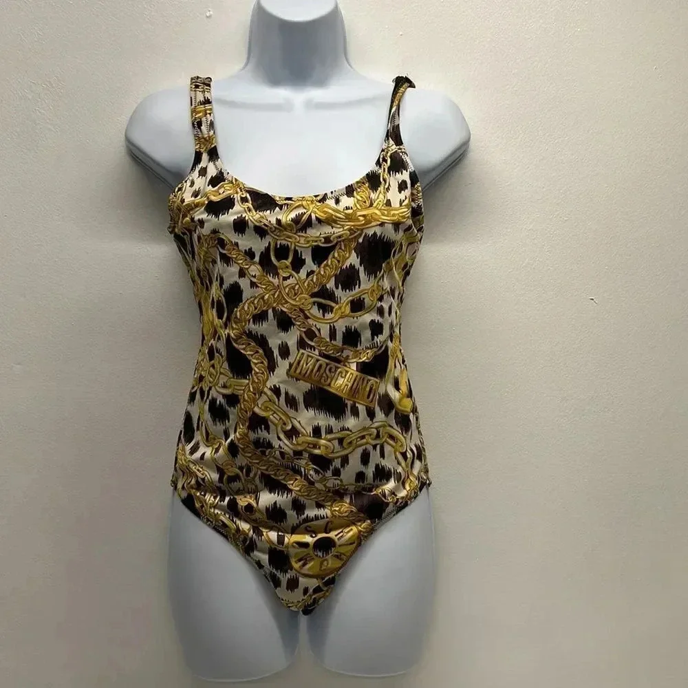 Moschino x H&M Swimsuit One Piece Bathing Suit Gold Chain Animal Black Size 8 - Picture 2 of 10